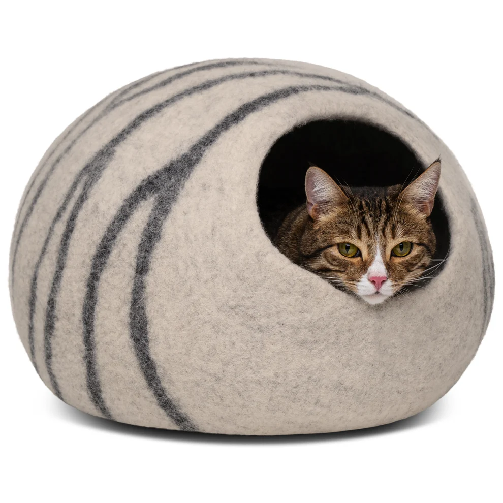 MEOWFIA Premium Felt Cat Bed Cave with a tabby cat peeking out