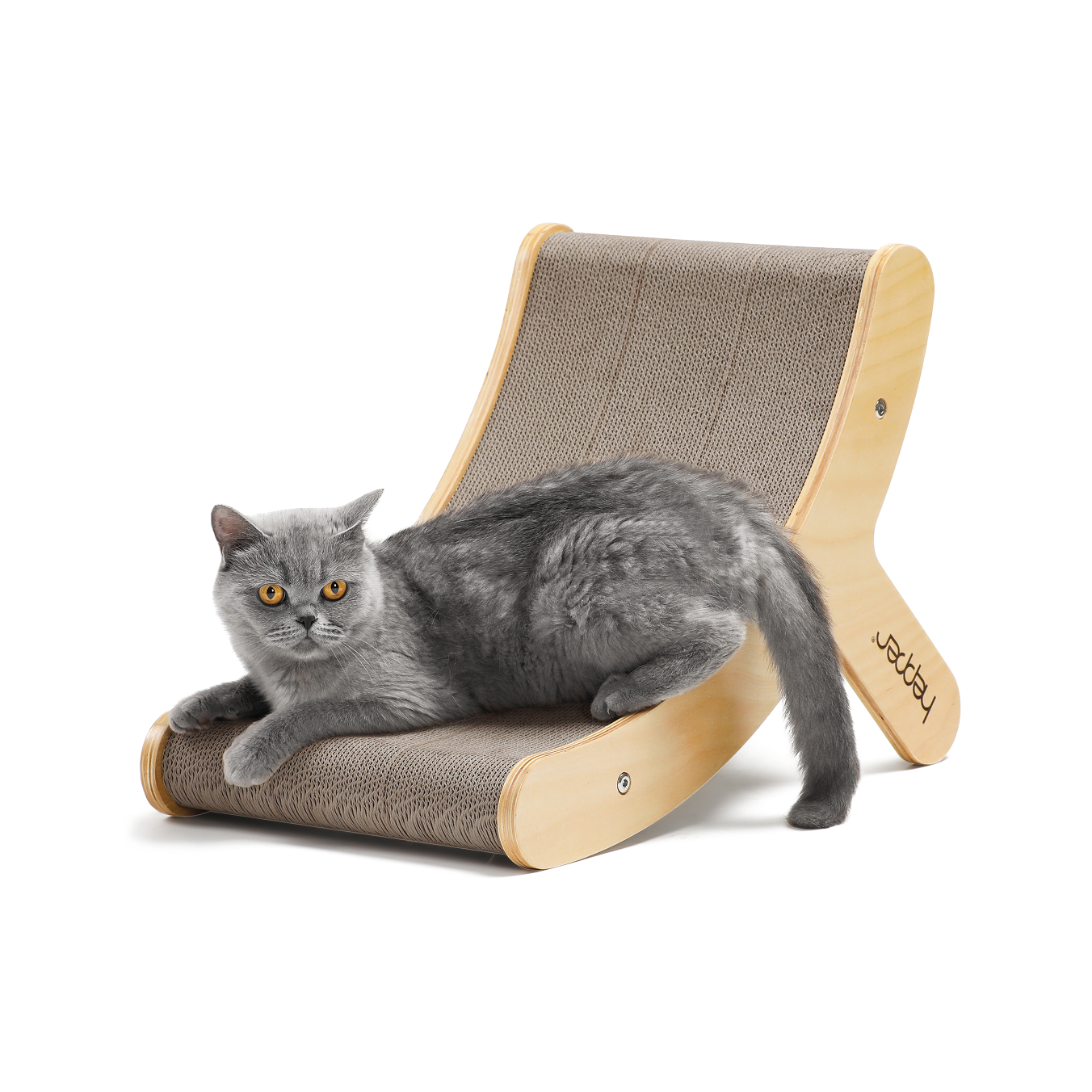 Hepper Hi-Lo Cat Scratcher with a grey cat lounging on it