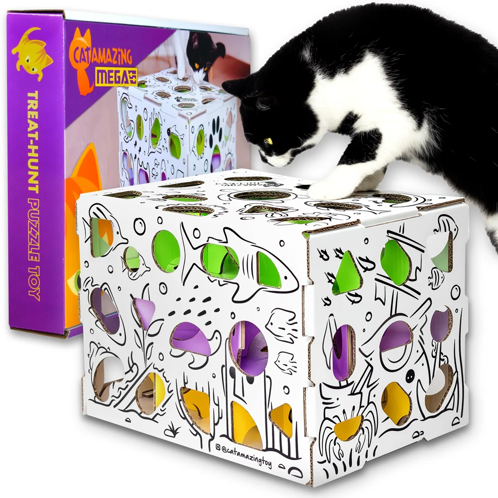 Cat Amazing MEGA puzzle feeder with a tuxedo cat reaching into it