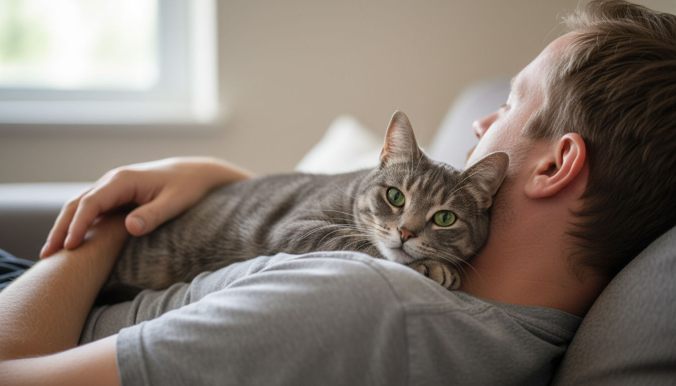 Man cuddling with cat