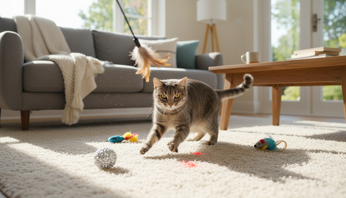 Tabby cat playing in a sunlit living room